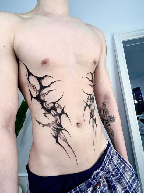 Man Belly Tattoo, White Tattoos On Pale Skin, Rib Tattoos Men, Torso Tattoo Men, Ribs Tattoo Men, Belly Tattoo Men, Waist Tattoos Men, Collarbone Tattoo Men, Rib Tattoo Men