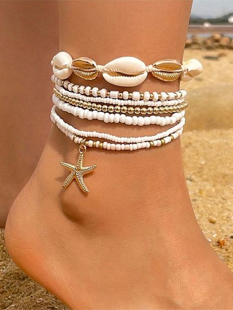 7pcs Bohemian Style Beachy Sea Star, Shell And Rice Bead Elastic Anklet Set, SummerI discovered amazing products on SHEIN.com, come check them out! Beachy Anklets, Thigh Chain, Anklet Set, Surf Jewelry, Preppy Jewelry, Ankle Jewelry, Women Anklets, Diy Bracelets Easy, Rice Bead