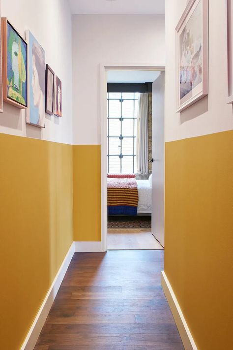 Hallway Accent Wall Ideas Paint, Bachelor Pad Style, Yellow Hallway, Painted Hallway, Accent Paint, Half Painted Walls, Bungalow Ideas, Hallway Paint, Bed Nook