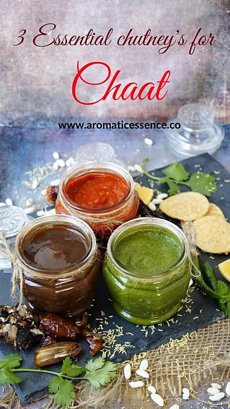 Chaat chutneys for Indian chaat snacks. Spicy red chilli garlic chutney, coriander-mint chutney and date-tamarind chutney recipe. Snacks Spicy, Indian Chaat, Different Sauces, Indian Chutney Recipes, Indian Sauces, Mint Chutney, Garlic Chutney, Tamarind Chutney, Pani Puri