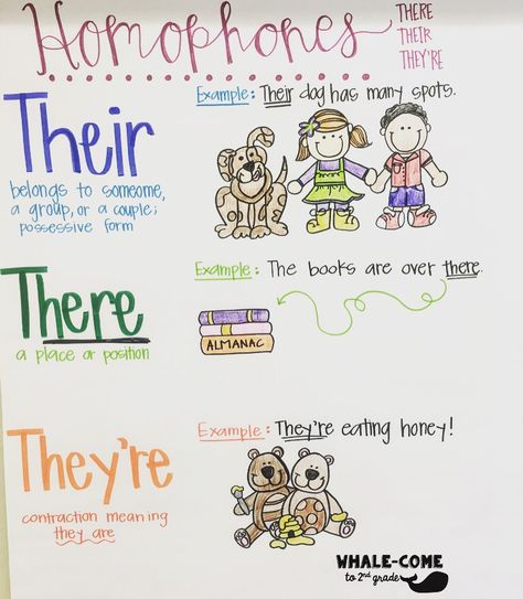 Homophones Anchor Chart: There, Their, They're #homophones Homophones Anchor Chart, Their There They're, There Their They're, Classroom Needs, Primary Writing, 5th Grade Writing, Grammar For Kids, Classroom Anchor Charts, Teaching Spelling