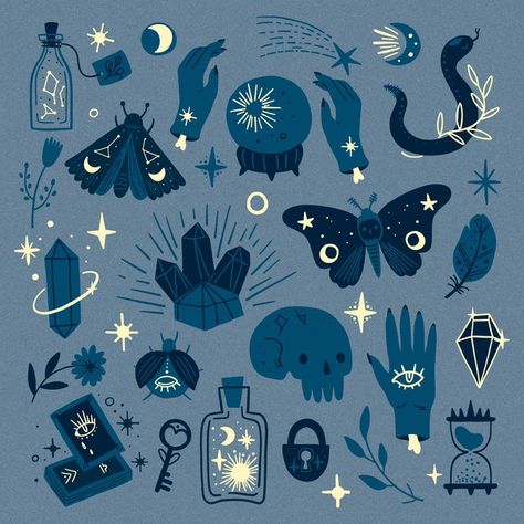 Magic Symbols, Magic Aesthetic, Desenho Tattoo, Witch Aesthetic, Witch Art, Art Et Illustration, Art And Illustration, 로고 디자인, Shades Of Blue