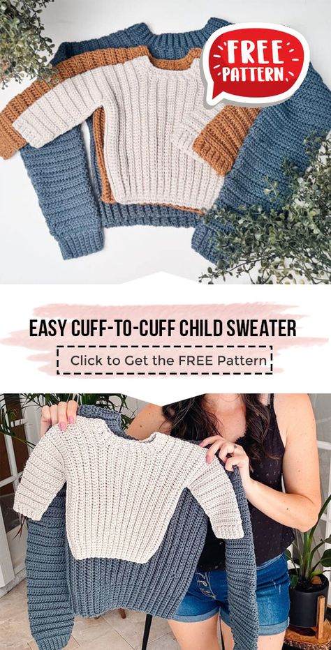 crochet Easy Cuff-to-Cuff Child Sweater free pattern - FREE Crochet Cuff-to-Cuff Child Sweater 
 Pattern for Beginners. Click to Get the Pattern #Sweater #crochetpattern #crochet via @shareapattern.com Crochet Child’s Sweater, Crochet Sweater Child, Cuff To Cuff Sweater Knitting Patterns, Crocheted Baby Sweaters, Crocheted Baby Sweater, Kids Sweater Crochet Pattern Free, 3t Crochet Sweater Pattern Free, 2t Crochet Sweater Pattern Free, Baby Jumper Crochet Patterns Free