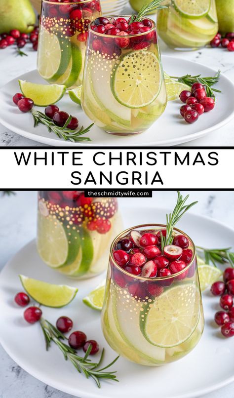 The perfect holiday cocktail, White Christmas Sangria. This wintery white wine sangria is full of pears, limes, and cranberries then topped off with ginger beer. Great for serving at a holiday party! White Christmas Sangria, Christmas Sangria, Winter Sangria, Christmas Sangria White, White Christmas Sangria Recipe Holiday White Wine Sangria, White Sangria Thanksgiving, Christmas Wine Night Ideas, Christmas Drinks With Cranberries, New Years Eve Sangria, Holiday Drink Bar Ideas, White Sangria Christmas Recipe, Christmas Wine Cocktail Recipes, Sangria Charcuterie Board