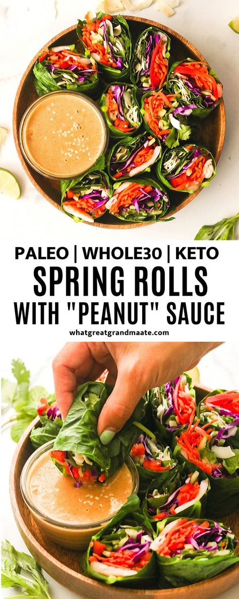 Paleo Spring Rolls with "Peanut" Sauce (Whole30, Keto) Collard Green Wraps, Whole 30 Snacks, Collard Green, Whole30 Keto, Coconut Chips, Paleo Lunch, Recipe 30, Paleo Snacks, Paleo Whole 30