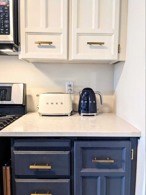 Smeg toaster and kettle set to match the kitchen colour scheme. Cream and Navy blue <3 Navy Blue Kitchen Aesthetic, Navy Blue Kitchen Appliances, Navy Kitchen Appliances, Blue Smeg Kitchen, Smeg Kettle In Kitchen, Navy Blue And Cream Kitchen, Smeg Toaster In Kitchen, Navy And Cream Kitchen, Smeg Kettle And Toaster