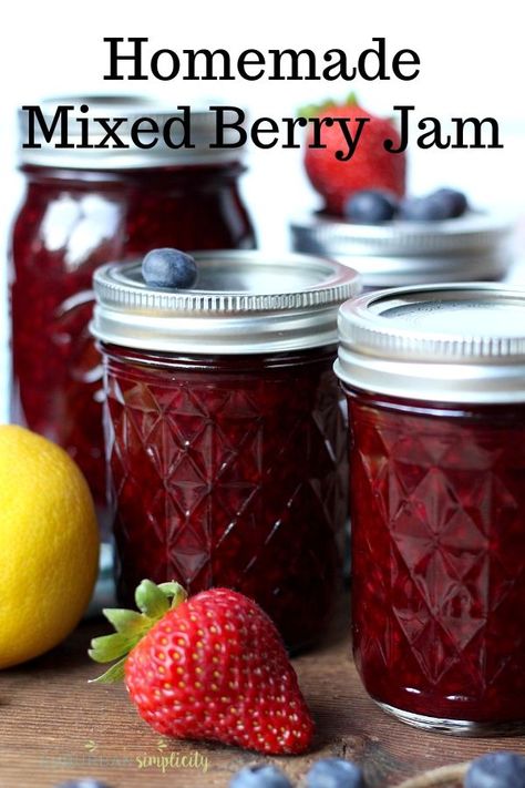 If you want one of the best homemade jams, you have to try this Homemade Mixed Berry Jam! It's easier than you think to can your own berries--even beginners can do it!  This recipe requires no pectin. #suburbansimplicity #jam #canning #berries #mixedberries #strawberryjam Jelly, Triple Berry Jam Recipe, Berry Jam Recipe, Mixed Berry Jam, Jam Recipes Homemade, Canning Jam, Strawberries Blueberries, Berry Jam, Jam And Jelly