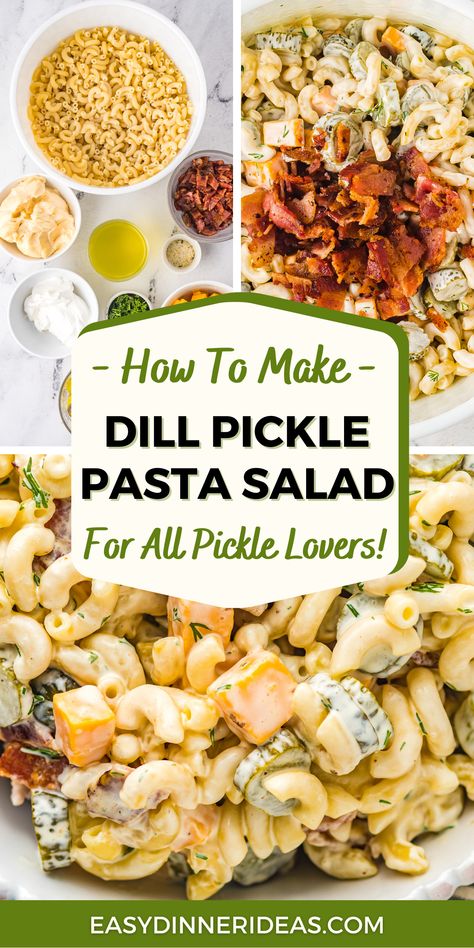 Crisp dill pickles are the star of this refreshing Dill Pickle Pasta Salad, loaded with bacon, cheese, and homemade dressing. Perfect for barbecues, or anytime! Pickle And Cheese Pasta Salad, Dill Pickle Casserole, Dill Pickle Dishes, Pickle Salad Pasta, Pickle Pasta, Pickle Bacon Pasta Salad, Pickle Pasta Salad, Dill Pickle Salad, Pickle Salad