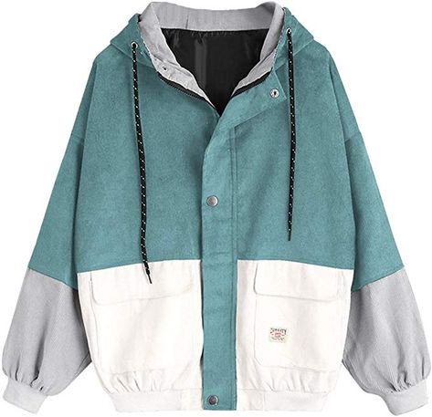 Amazon.com: ZAFUL Women's Corduroy Loose Hooded Jacket Vintage Color Blocking Raglan Sleeve Casual Coat Windbreaker Blue Green L: Clothing Blue Corduroy Jacket, Corduroy Patchwork, Uniform Clothes, Kids Corduroy, Spring Outerwear, Autumn Jacket Women, Mode Mantel, Blue Corduroy, Color Block Jacket