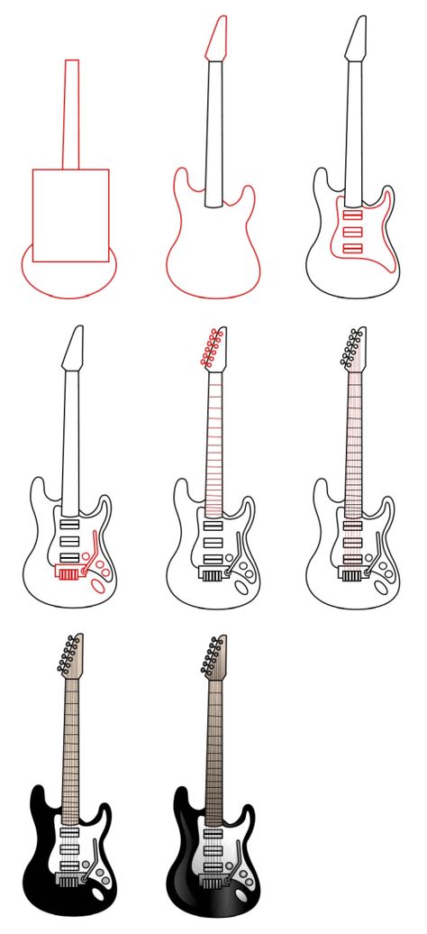 Guitar Drawing Tutorial, How To Draw Instruments, Guitar Drawing Sketches Pencil, How To Draw Electric Guitar, How To Draw A Guitar Step By Step, Music Sketches Easy, Cute Guitar Drawing, Rock Guitar Drawing, Electric Guitar Drawing Sketches