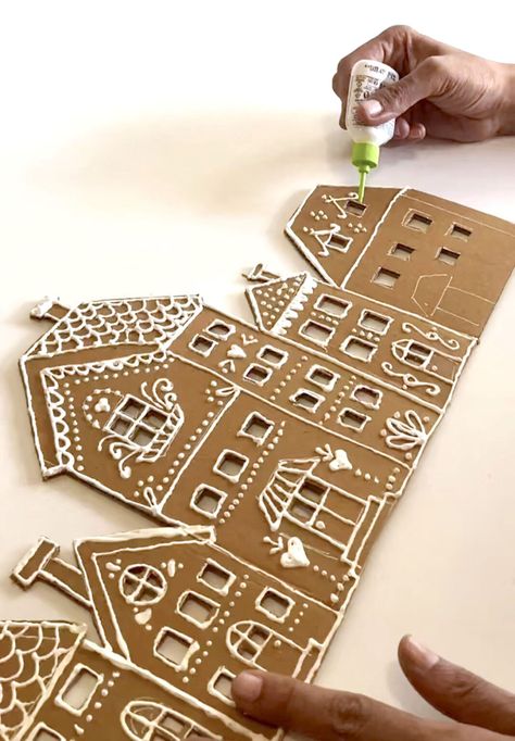 25 Best cardboard Christmas decorations & crafts ideas such as easy DIY Xmas trees, ornaments, wreaths, fireplace, gingerbread houses, winter village, snowman, etc! - A Piece of Rainbow, holiday crafts for kids, advent calendar, garland, handmade, gifts, gift tags, modern, farmhouse, boho, Scandinavian, vintage, budget decor, dollar store, Anthropologie style, wall decor Gingerbread Christmas Village, Poster Natal, Diy Gingerbread, Jul Diy, Appetizers Christmas, Cardboard Cartons, Gingerbread Diy, Desserts Christmas, Gingerbread Christmas