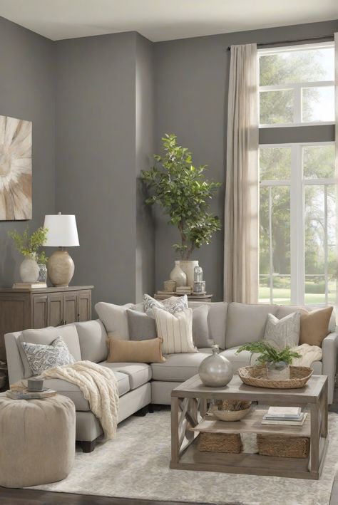 Modern Farmhouse Gray Walls, Living Room Designs Gray Walls, Grey Wall Living Room Ideas Decor, Gray Wall Living Room, Sw Gauntlet Gray, Gray Living Room Walls, Living Room Gray Walls, Gray Walls Living Room, Living Room With Gray Walls