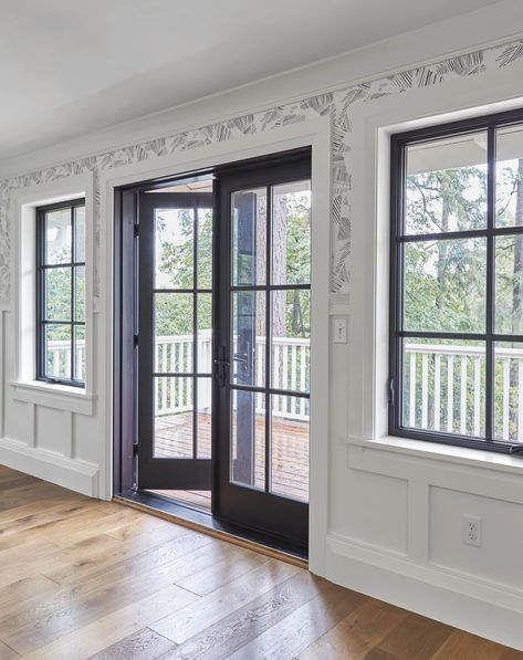 Marvin Gunmetal Windows, Modern Farmhouse Interior Windows, Door Next To Window, Black Windows Interior Modern Farmhouse, Black Windows And Trim, Living Room Windows Ideas, House Windows Ideas, Black Windows Interior Modern, Black Window Trim Interior