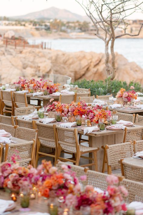 Vibrant Wedding Reception Decor, Chileno Bay Wedding, Sunset Themed Wedding, Sunset Inspired Wedding, Sunset Wedding Theme, Sunset Wedding Colors, Vibrant Wedding Colors, Wedding Decorations Elegant, Cabos Wedding