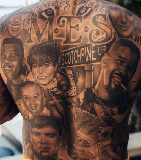 Back Portrait Tattoo Men, Back Tattoos For Black Guys, Steve Wiebe Tattoo, Portrait Back Tattoo, Back Portrait Tattoo, Dmx Tattoos, Steve Wiebe, Back Piece Tattoo Men, Back Ear Tattoo