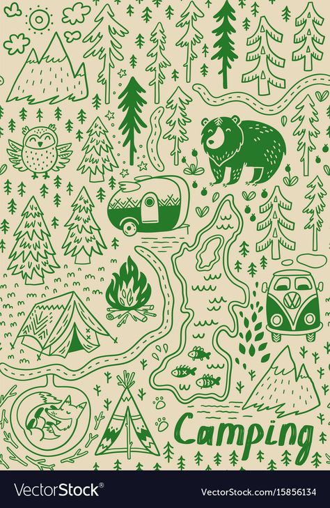 Funny Maps, Animals In The Forest, Camping Illustration, Forest Map, Forest Drawing, Map Pattern, Hand Drawn Map, Forest Illustration, Hand Drawn Vector Illustrations