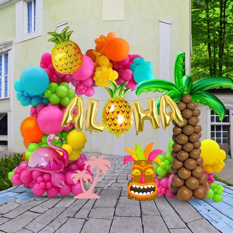 PRICES MAY VARY. 【Tropical Themed Balloon Kit】Includes the following 139 different sizes of 5/10/12/18 inch balloons, we chose hot pink/lime green/orange/brown/yellow/teal as the theme color palette, added Flamingo ,Coconut tree leaves, 16-inch letter "ALHA" and pineapple mylar balloons, free balloon tools make it easier for you to DIY, very suitable for tropical Hawaiian, beach, ALOHA,Luau theme parties. Can be used for birthday celebrations. 【100% Reliable Color 】 We insist on 100% real photog Hawaiian Theme Birthday, Tropical Balloon Garland, Garland Arch, Summer Beach Party, Hawaiian Theme, Arch Kit, Mylar Balloons, Coconut Tree, Balloon Garland