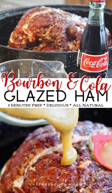 A classic, delicious baked ham with a Coca-Cola glaze, sweetened with a touch of brown sugar and a touch of bourbon, this ham will make you rethink your holiday main course. Recipes via @thefreshcooky Simple Ham Glaze, Cola Ham, Coca Cola Ham, Bourbon Glazed Ham, Easy Ham Glaze, Oatmeal Dinner, Coca Cola Recipes, Cola Recipe, Ham Recipes Baked