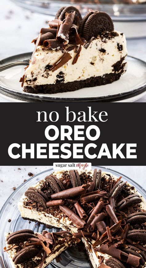 This no-bake oreo cheesecake is a cream cheesecake filling, stuffed and topped with oreos on top of a buttery oreo crust. You’re just 7 ingredients and 20 minutes effort away from a decadent dessert. This no-bake cheesecake recipe is incredibly easy to make and the filling is rich, creamy with a smooth texture and has a taste of classic cookies and cream. This is a softer set cheesecake but holds it’s shape and melts on your tongue. You can even make it ahead of time. Set Cheesecake, Cream Cheesecake Filling, No Bake Oreo Cheesecake Recipe, Baked Oreo Cheesecake Recipe, Oreo Cheesecake Recipe, Oreo Cheesecake Cookies, Oreo Cheesecake Recipes, Chocolate Fudge Sauce, No Bake Oreo Cheesecake