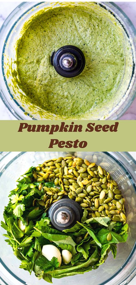 This 5-minute vegan Pumpkin Seed Pesto (Nut-Free) is perfect for sandwiches, pasta, salads, marinating proteins, roasted veggies, and soups. Protein-packed, delicious and healthy. Vegan Pumpkin Seed Recipes, Pumpkin Seed Dressing, Chakra Recipes, Pesto Nut Free, Peanuts Recipes, Pesto Dinner, Vegan Dressing Recipes, Pumpkin Seed Pesto, Vegetarian Pesto