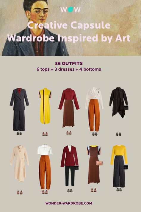 This capsule includes 6 tops, 3 dresses, 4 bottoms, 2 blazers, 2 pairs of shoes, 2 bags that result in 36 beautiful outfit combinations.  Style: Creative style with dramatic elements.  Colour type: Autumn. Method: Wonder Wardrobe. Capsule Wardrobe Creative, Outfits For Creatives, Creative Looks Outfit, Creative Capsule Wardrobe, Eclectic Capsule Wardrobe, Dramatic Capsule Wardrobe, Deep Autumn Outfits Capsule Wardrobe, Colorful Autumn Outfits, Colourful Autumn Outfits