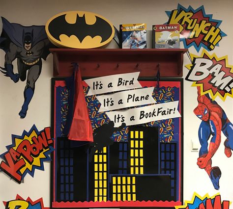 Library Reading Bulletin Board Superhero Book Fair Media Center Decor, Superhero Lessons, Superhero Bulletin Boards, Reading Bulletin Board, Superhero School, Superhero Books, Fair Theme, Superhero Decorations, Scholastic Book Fair