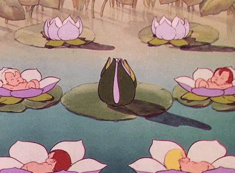 When I was thinking of how I would tell my child one day of how they were born or came into existence I would say I found them inside a lotus flower like this 90s Anime, Old Cartoons, Aesthetic Gif, Vintage Cartoon, Water Lilies, Art Plastique, Lily Pads, Pretty Pictures, Aesthetic Art