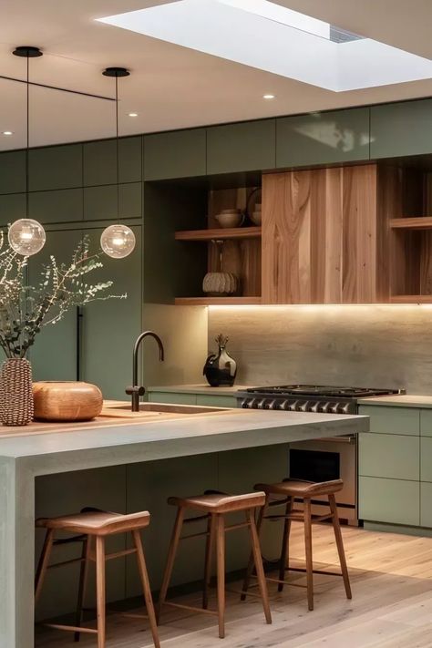 Light Green Kitchen, Green Kitchen Designs, Green Kitchen Cabinets, Wood Kitchen Cabinets, Kitchen Design Plans, Green Cabinets, Kitchen Design Trends, Kitchen Room Design, Kitchen Inspiration Design