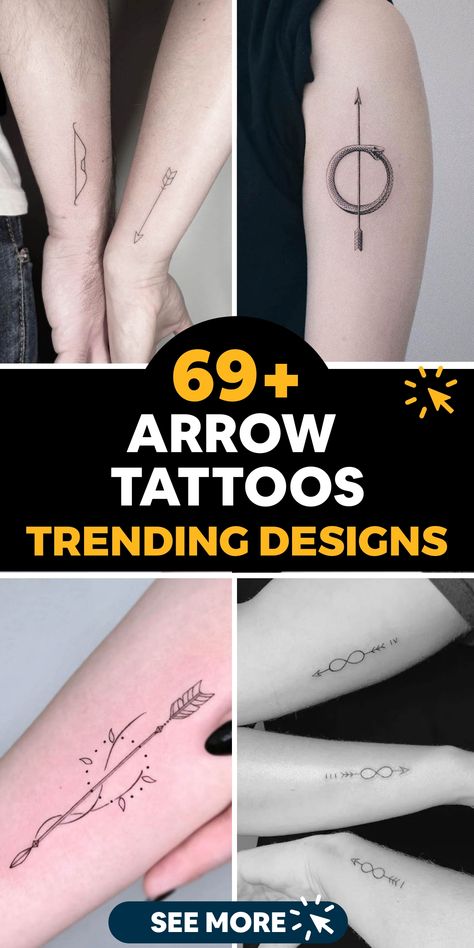 🎯 Want a tattoo that represents focus and precision? Explore our gallery of arrow tattoo ideas to find the perfect design that speaks to your inner warrior. From minimalistic arrows to intricate bow and arrow motifs, we have it all. #ArrowTattoo #InkInspiration Enough Arrow Tattoo, Arrow And Stars Tattoo, Arrow Tattoo Placement For Women, Couples Bow And Arrow Tattoo, Two Arrows Tattoo, Arrow Tattoo Placements, Arrow Tattoo Meaning, Arrow Tattoo Ideas, Bow Arrow Tattoos