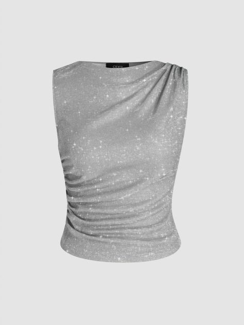 Glitter Tops Outfit, Asymmetrical Tank Top, Silver Shirt, Glitter Top, Clothing Details, Silver Tops, Party Tops, Solid Clothes, Dream Clothes