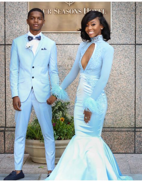 Light Blue Prom Couple, Prom Colors For Couples, Couples Prom Outfits, Blue Prom Couple, Baby Blue Prom Dresses, Prom Pictures Couples Black, Couples Prom, Prom Dates, Neon Prom Dresses