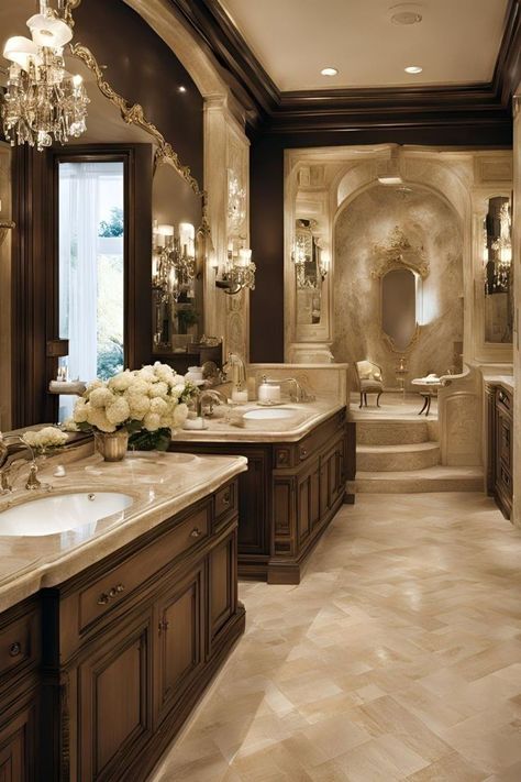 Mansion Bathroom Aesthetic, Luxury Bathroom Vanity Master Bath, Him And Hers Bathroom, Marble Style Bathroom, Fancy Public Bathrooms, Old Money House Bathroom, Victorian Homes Bathroom, Master Restroom Ideas, Luxury House Inside