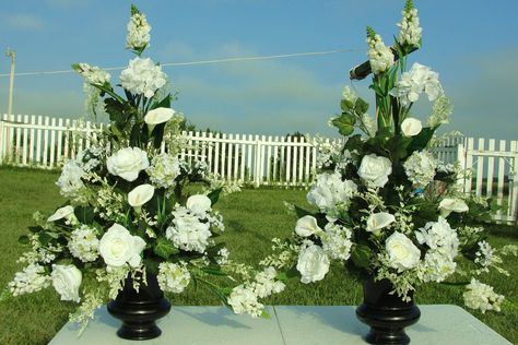 "Two Altar Bouquets One Sided in whatever colors you need.  Approx. 30\"H x 24\"L x 13\"W for Church Altar or Wedding Party Table!  ~ Order or contact me with your ideas! Julie - (937)570-8531" Alter Flowers, Church Altar, Altar Arrangement, Altar Flowers, Church Flower Arrangements, Wedding Altars, Wedding Church, Reception Centerpieces, Church Flowers