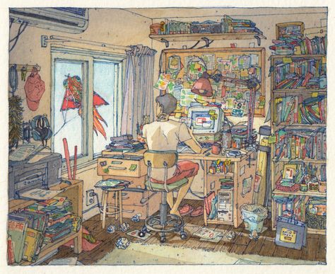 Cluttered Room, Tom Haugomat, Still Life Artists, Scene Drawing, Colossal Art, House Drawing, Giant Robots, Ink Illustrations, Watercolor And Ink