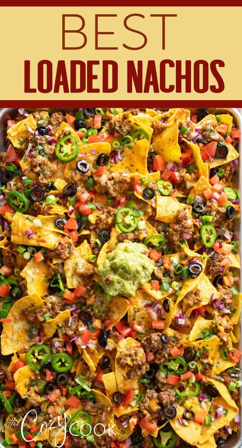 These LOADED Nachos make the BEST party snack and appetizer idea and are SO easy to make with seasoned ground beef and refried beans, melted cheese, and all your favorite toppings! Beef And Cheese Nachos Recipes, Easy To Make Mexican Food, Nacho Tacos Recipe, Simple Nachos Recipe Beef, Easy Sharing Food, Nacho Pizza Recipes, Nachos Chili And Cheese, Mexican Food Nachos, Nacho Ground Beef Recipes