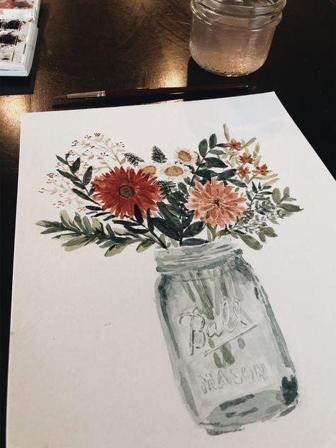 Mason jar flower painting | by natalliaboshard on vsco Mason Jar Painting Ideas, Mason Jar Tattoo, Jar Of Flowers, Meaningful Paintings, Wildflower Drawing, Flower Jar, Mason Jar Flowers, Flowers In Jars, Jar Art