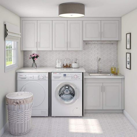 Bay Window Laundry Room, Small Laundry Room Built In Cabinets, Modern Contemporary Laundry Room, Laundry Room Broom Closet, Laundry Room Natural Light, White Cabinet Laundry Room, White And Gray House Interior, Laundry Room Painted Cabinets, Top Load Laundry Room Ideas