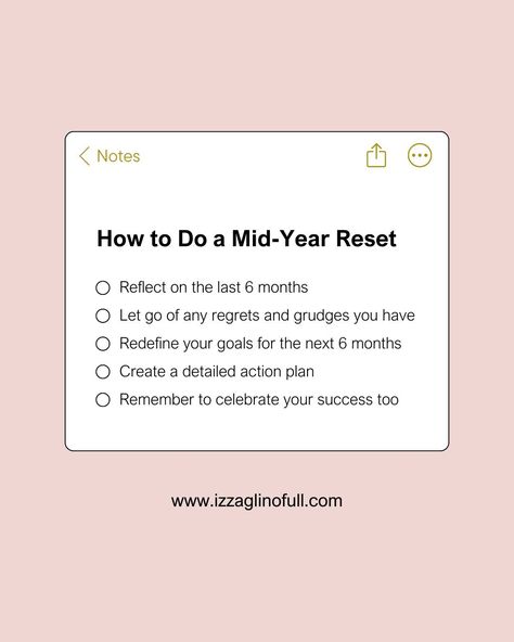 As we reach the middle of the year, it's common to feel a sense of overwhelm or discouragement if our goals appear to be out of reach. However, it's important to stay positive! A mid-year reset can serve as a valuable strategy to have a fresh start for your goals and positioning ourselves for success in the latter half of the year. Here's how you can do it. For more life tips and articles, visit https://www.izzaglinofull.com/ or LINK IN BIO #midyearreset #personaldevelopment #tips #mond... Mid Year Reset, Year Reset, Process Flow, More Life, Alone Time, Action Plan, Out Of Reach, A Fresh Start, Stay Positive