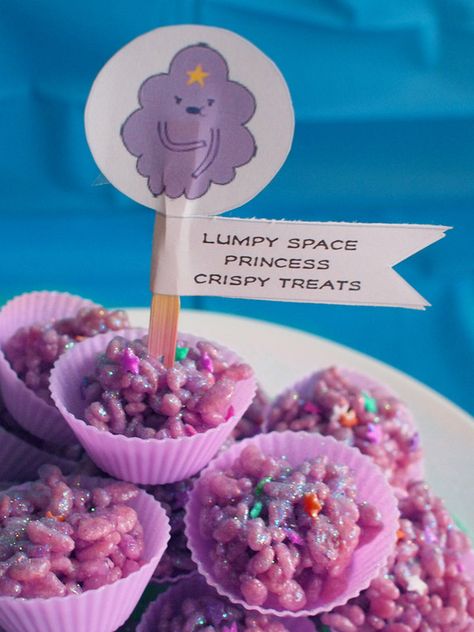 I know many of you who would love this. Lumpy Space Princess rice krispie treats! Lumpy Space Princess, Essen, Adventure Time Baby Shower Ideas, Princess Rice Krispie Treats, Adventure Time Birthday Party, Adventure Time Birthday, Adventure Time Parties, Baby Ray, Lumpy Space