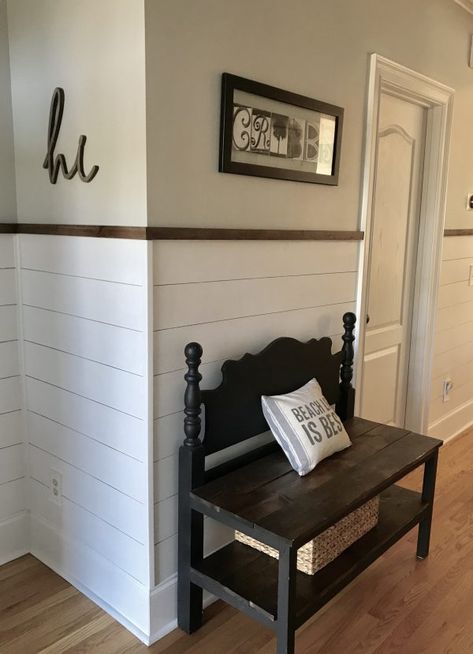 Shiplap Wainscoting Hallway, Shiplap Hallway Half, Wainscoting With Shiplap Above, Horizontal And Vertical Shiplap On Same Wall, Shiplap Pony Wall, Shiplap Wanescoting Ideas, Shiplap On Half Wall, Shiplap Wall Ideas Kitchen, Half Shiplap Wall Entryway