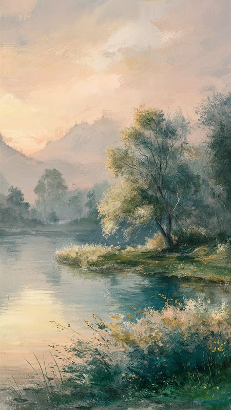 Immerse yourself in a dreamlike scene where soft pastel colors blend seamlessly in an impressionistic style. This serene landscape features a calm lake, lush greenery, and a solitary tree, capturing the essence of tranquility. Inspired by Monet and Turner, this artwork invites contemplation and peace, making it a perfect addition to your home decor. Keywords: peaceful art prints, tranquil landscapes, impressionism, watercolor art. Impressionism Watercolor, Pastel Impressionism, Lake Drawing, Peaceful Art, Soft Pastel Art, Seascape Photography, Art Concepts, Serene Landscape, Lake Painting