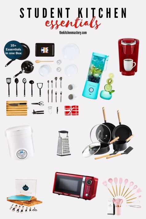 student kitchen Household Essentials List, Kitchen Necessities List, Kitchen Items List, Dorm Kitchen Essentials, College Kitchen Essentials, Kitchen Equipment List, Student Kitchen, College Student Needs, Must Have Kitchen Items