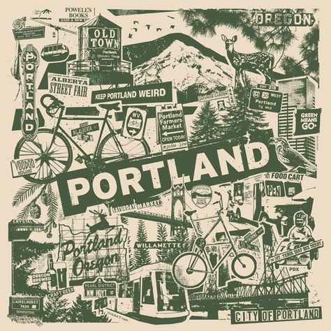 Bike Print, Portland City, Oregon City, Rose City, Print Collage, City Prints, Silk Screen, Portland Oregon, Historical Sites