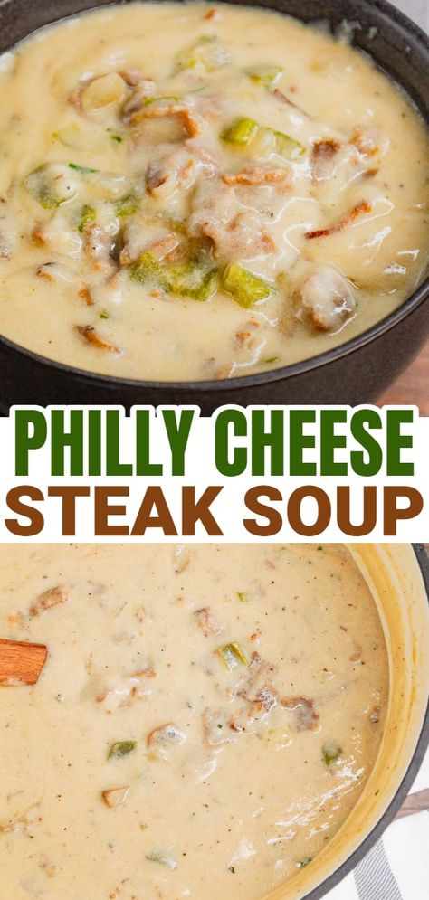 Philly Cheese Steak Soup is a hearty soup loaded with chopped deli roast beef, diced onions, green bell peppers, sliced mushrooms and provolone cheese. Philadelphia Pepper Pot Soup, Philly Cheese Soup, Soup With Stew Beef, Healthy Steak Soup Recipes, Different Soups To Make, Philly Steak Soup, Cheesesteak Potato Soup, Keto Steak Soup Recipes, Dinner Ideas Crockpot Soup