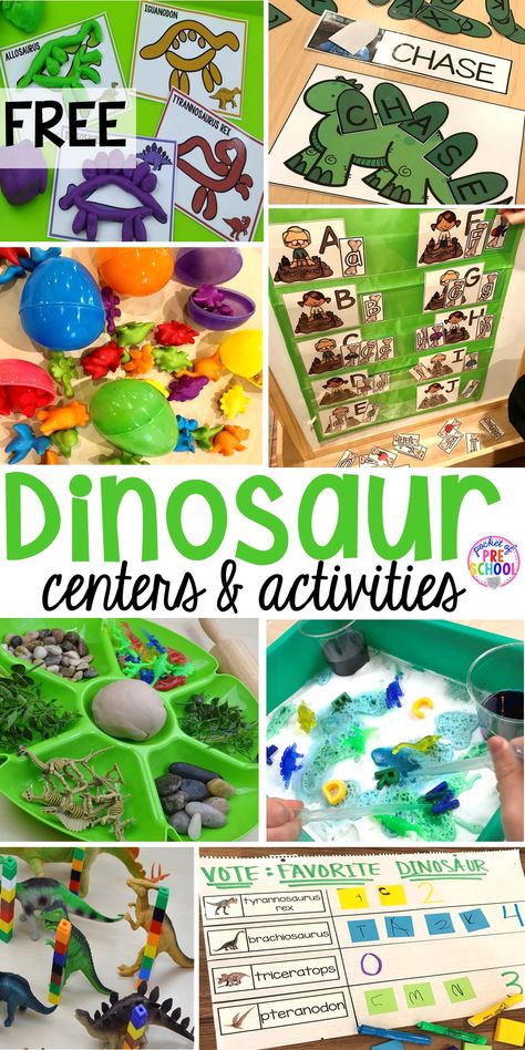 Dinosaur Themed Activities & Centers for Little Learners - Pocket of Preschool Dinosaur Centers, Dinosaur Themed Activities, Dinosaur Lesson, Dinosaur Classroom, Dinosaur Theme Preschool, Dinosaur Activities Preschool, Dinosaurs Preschool, Preschool Centers, Dinosaur Activities