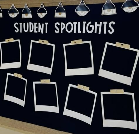 Students Corner Bulletin Board, Senior Spotlight Bulletin Board, Star Students Bulletin Board, Bulletin Board With Student Pictures, Selfie Bulletin Board Ideas, Polaroid Bulletin Board Ideas, Camera Bulletin Board Ideas, Polaroid Wall Classroom, Bulletin Board Ideas With Pictures