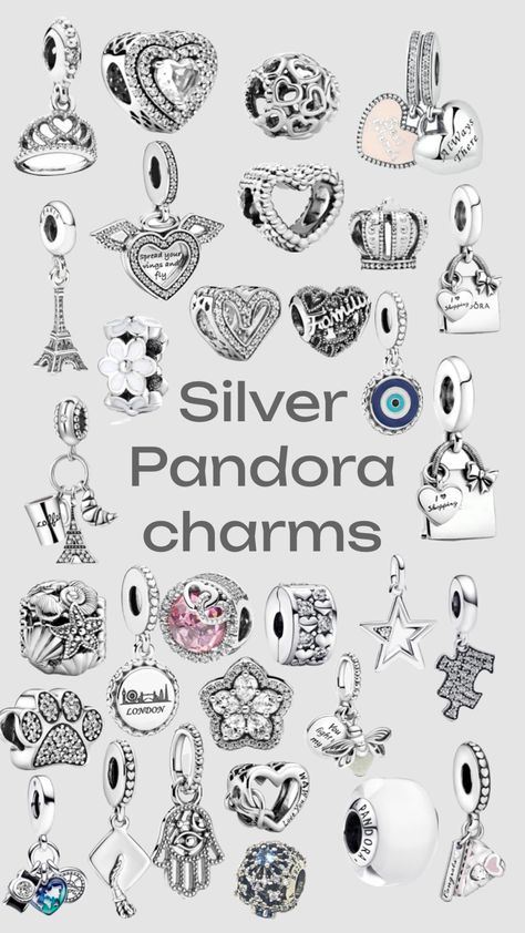 Silver Pandora charms Pandora Bracelet Charms Ideas, Silver Pandora Charms, Pandora Bracelet Designs, Pandora Bracelet Silver, Pretty Ear Piercings, Pandora Jewelry Charms, Pandora Bracelet Charms, Pandora Silver, Jewelry Essentials