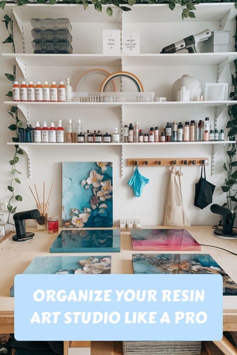 Resin art studio with organized shelves, art supplies, and colorful resin pieces. Resin Art Studio, Resin Workshop, Acrylic Pouring Techniques, Smart Organization, Art Skills, Creative Hub, Epoxy Resin Crafts, Epoxy Resin Art, Boost Productivity