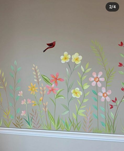 Flower Mural Kids Room, Flower Mural Wall Paintings Easy, Flowers Wall Painting Ideas, Easy Flower Wall Painting, Flower Wall Painting Ideas, Painting Flowers On Wall, Wallpaintings Ideas Simple, Hand Painted Flowers On Wall, Painted Flower Mural