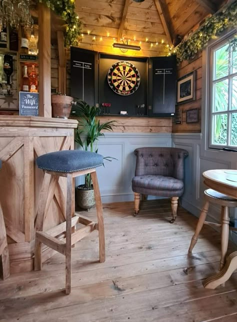 Pub Shed Interior Ideas, Man Cave Shed Ideas Backyards, Backyard Shed Bar Ideas, Summer House Bar, Shed Bar Ideas, Shed Pub, Backyard Pub, Garden Bar Ideas, Summerhouse Ideas